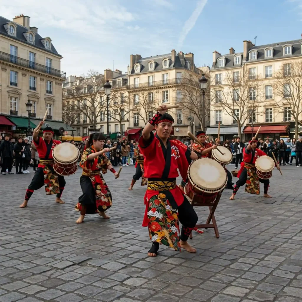 Danseuses traditionnelles d'Okinawa en kimonos colorés et musiciens de taiko des îles Ryukyu, performance culturelle en plein air à Paris Danseuses traditionnelles d'okinawa en kimonos colorés et musiciens de taiko des îles ryukyu, performance culturelle en plein air à paris