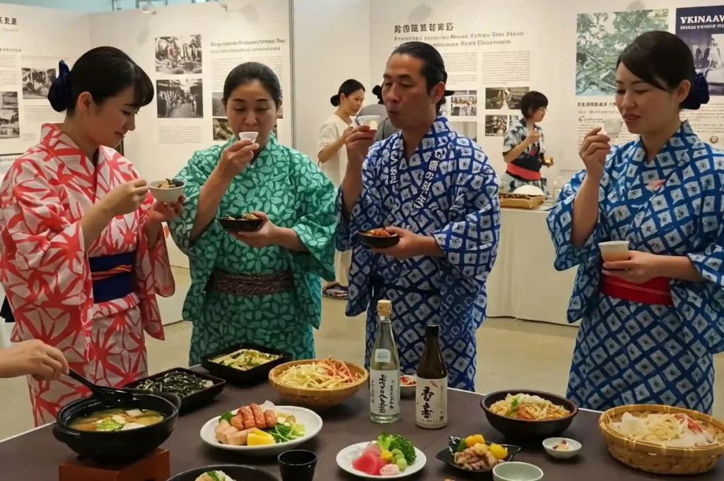 Dégustation de cuisine traditionnelle d'Okinawa plats typiques comme le goya champuru et le soki soba, accompagnés d'awamori, servis lors d'une exposition culturelle Dégustation de cuisine traditionnelle d'okinawa plats typiques comme le goya champuru et le soki soba, accompagnés d'awamori, servis lors d'une exposition culturelle